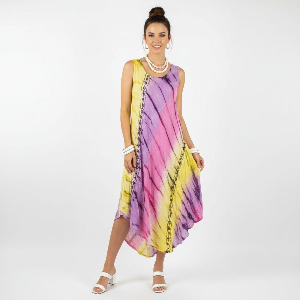 Winlar Sleeveless Tie Dye Purple Pink Yellow Midi Summer Dress OS